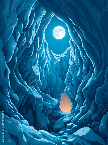 Ancient ice caverns frozen depths illuminate under moonlight. Frostline. Illustration photo