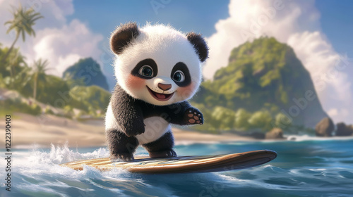 3D image of child panda smiling on the beach with surfboard photo