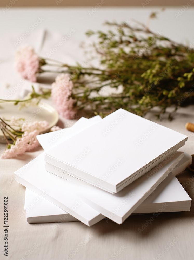 Set with blank sheets of paper on desk, 3d view. Recycling concept. Flowers in background. Set with blank sheets of paper on desk, 3d view. Recycling concept. Flowers in background.
