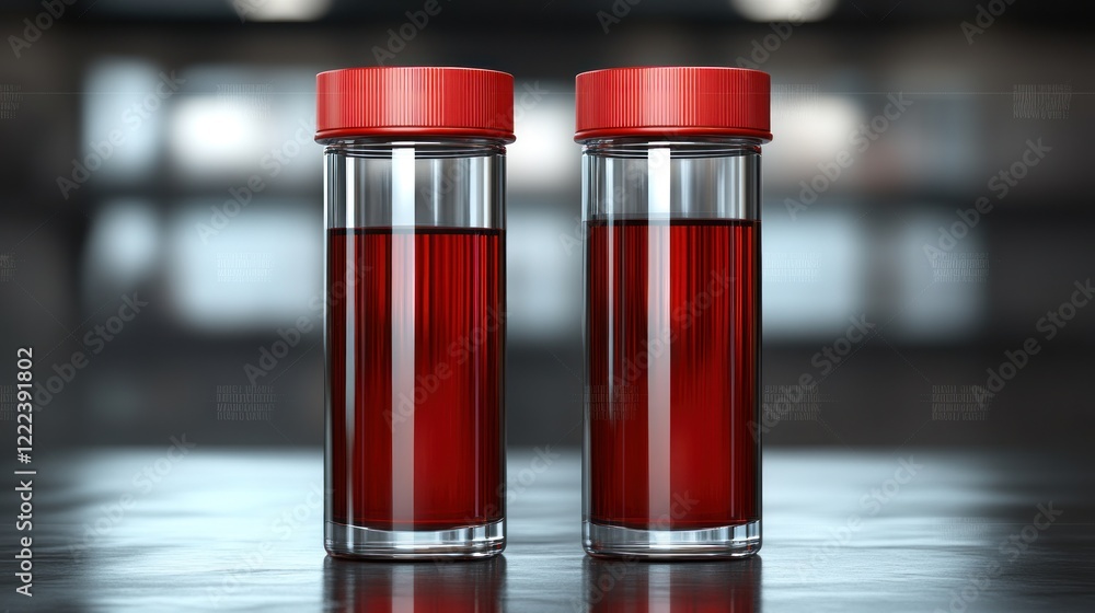 Two glass containers filled with dark red liquid are displayed on a shiny black surface Two glass containers filled with dark red liquid are displayed on a shiny black surface