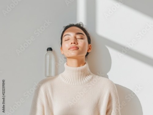 Minimalist Wellness Sanctuary Young Indian Woman Meditating in Sunlit Room with Water Bottle and Fitness Tracker - Modern Holistic Lifestyle and Mindfulness Content for Sustainable Living Brands photo