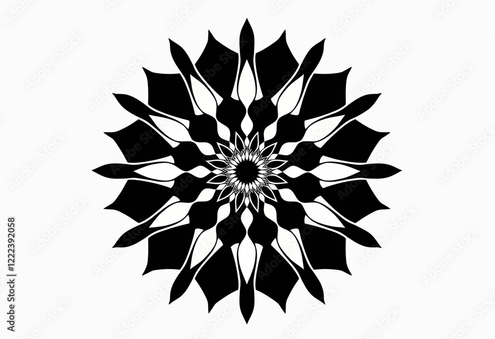 Obraz premium Black Line Mandala Icon, Isolated on White, Minimalist Design, Solid Line Art, Geometric Pattern, Simple Symbol, Spiritual Graphic, Circular Design, Single Object 
