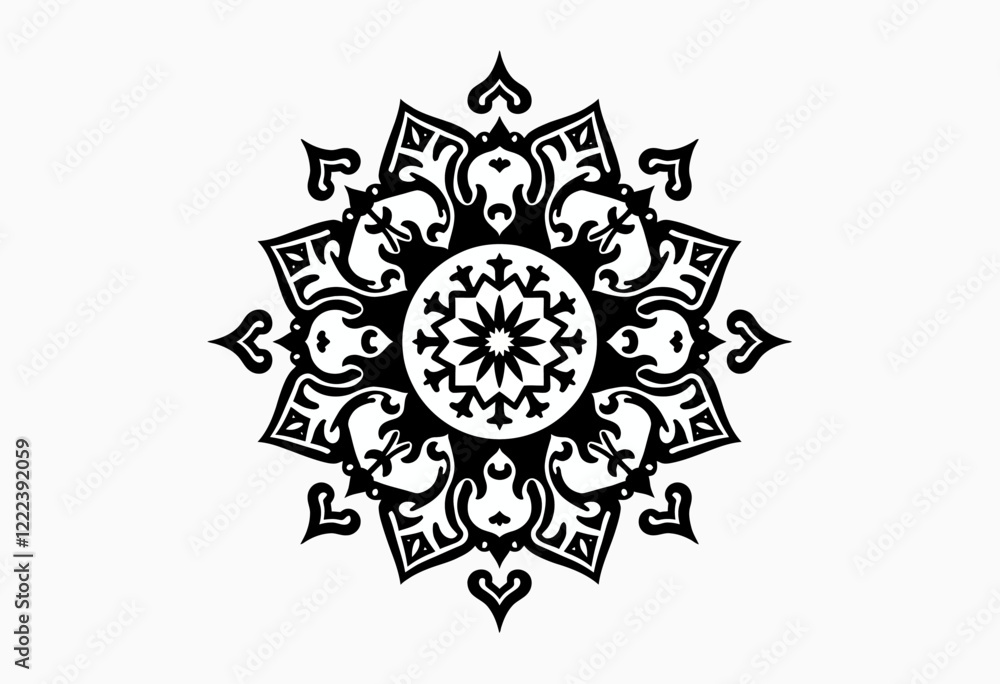 Fototapeta premium Minimalist Mandala Icon, Solid Black Line, Isolated White, Simple Design, Geometric Symbol, Circular Art, Spiritual Graphic, Single Element, Clean Icon 