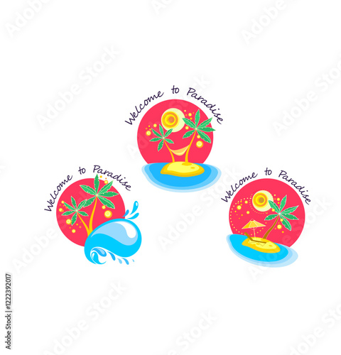 Set of summer vacation and travel circle labels with palm on the resort beach, hot sun, island and ocean waves.eps