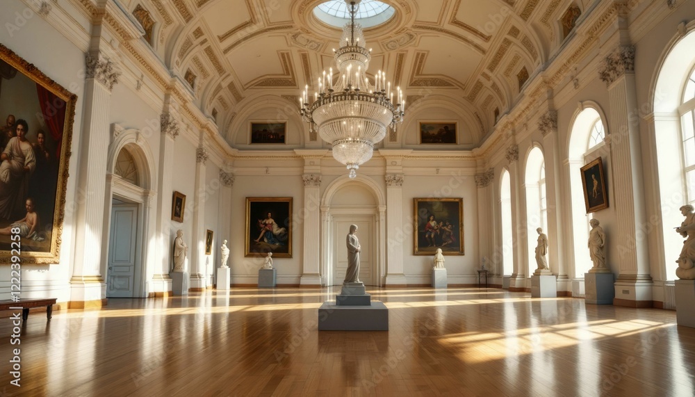 Elegant Art Gallery Interior with Paintings Statues and Chandelier Elegant Art Gallery Interior with Paintings Statues and Chandelier