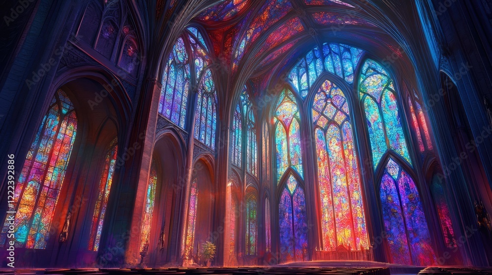 Fototapeta premium Radiant stained-glass windows in a gothic cathedral, glowing with vivid hues under soaring arched ceilings
