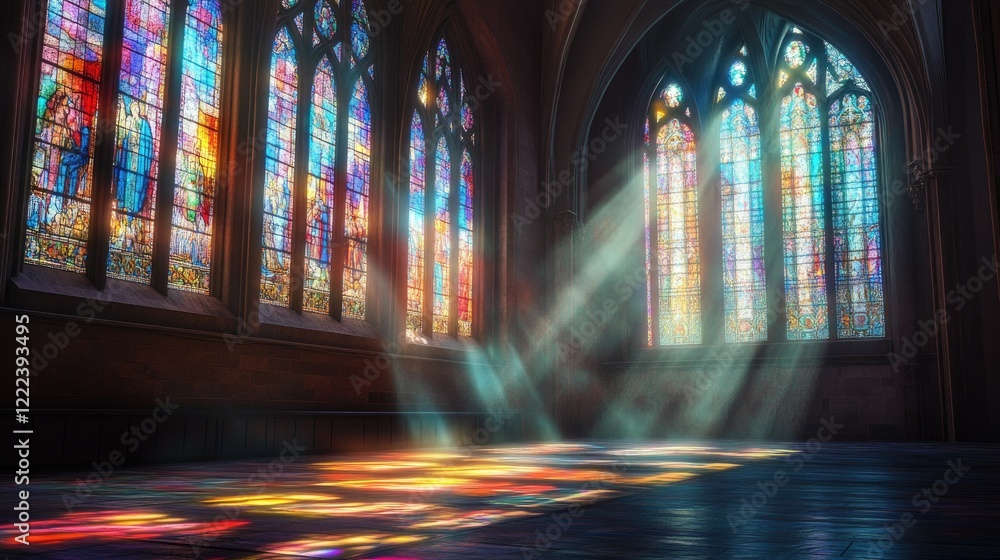 Obraz premium Rays of sunlight pass through vibrant stained-glass windows, painting an ethereal scene inside a tranquil church.