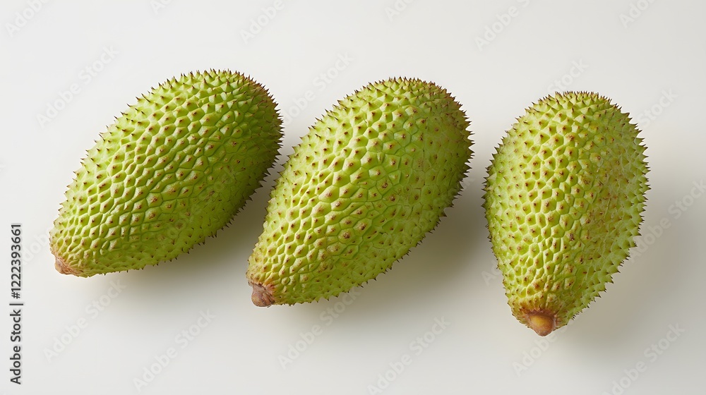 Three Green Spiky Annona Fruits Closeup Studio Shot Three Green Spiky Annona Fruits Closeup Studio Shot