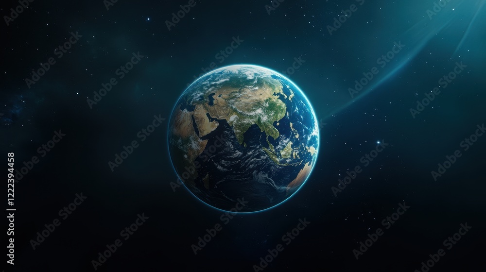 Stunning view of Earth from space showcasing vibrant colors of land and ocean, surrounded by stars in a dark universe, emphasizing the beauty of our planet's geography Stunning view of Earth from space showcasing vibrant colors of land and ocean, surrounded by stars in a dark universe, emphasizing the beauty of our planet's geography