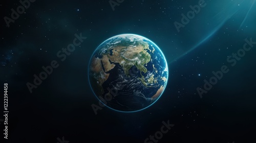 Stunning view of Earth from space showcasing vibrant colors of land and ocean, surrounded by stars in a dark universe, emphasizing the beauty of our planet's geography