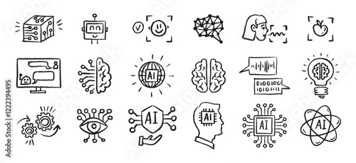 Artificial Intelligence Icons grunge chalk hand drawn doodle Brush set. Outline AI drawing crayon 