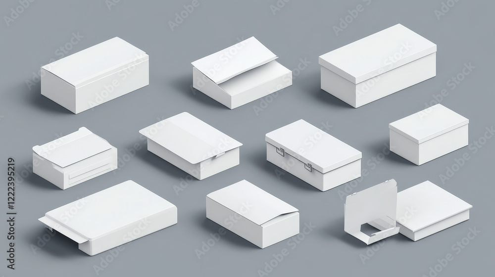 White cardboard box mockup set isolated on gray background. Vector realistic illustration of open and closed carton packages, mail delivery, gift packaging, parcel with blank surface, isometric view White cardboard box mockup set isolated on gray background. Vector realistic illustration of open and closed carton packages, mail delivery, gift packaging, parcel with blank surface, isometric view