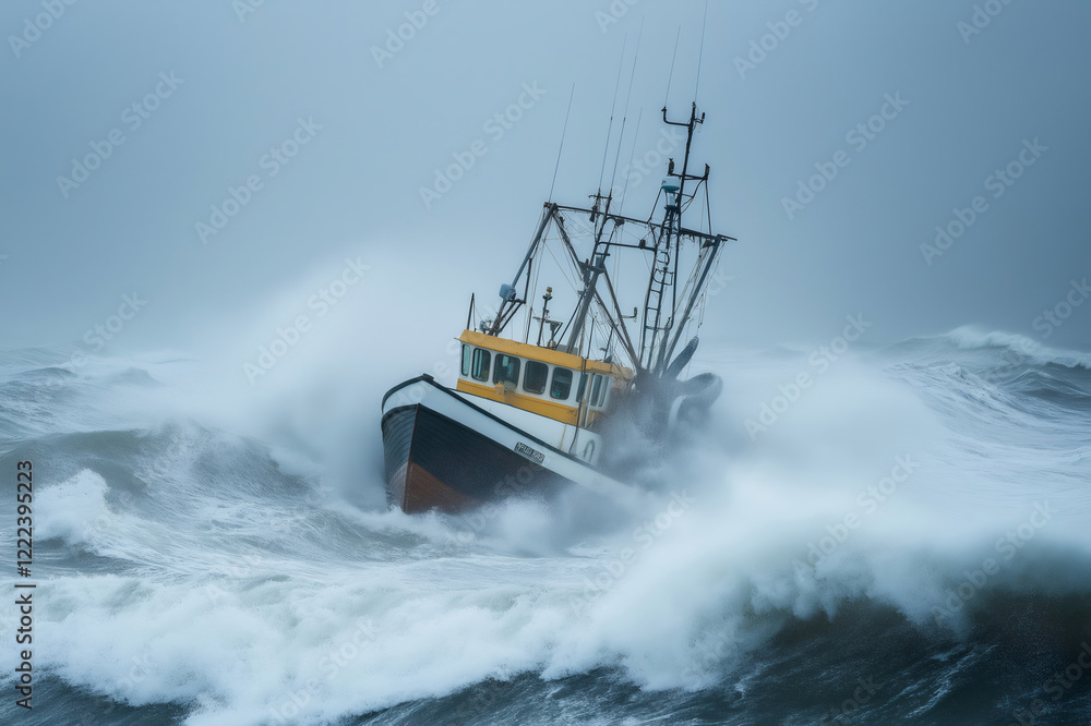 Naklejka premium Small fishing boat navigating through a stormy sea, battling massive waves under a dramatic, cloudy sky filled with danger