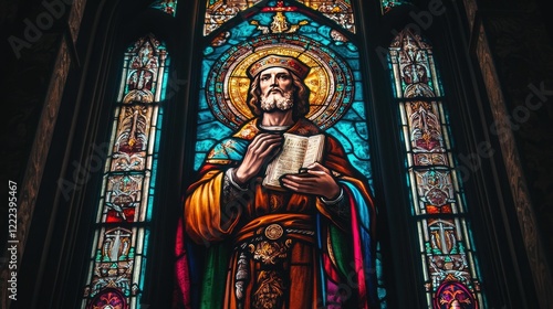 St. Ambrose in stained glass, surrounded by glowing colors and sacred symbols in a vibrant church window photo