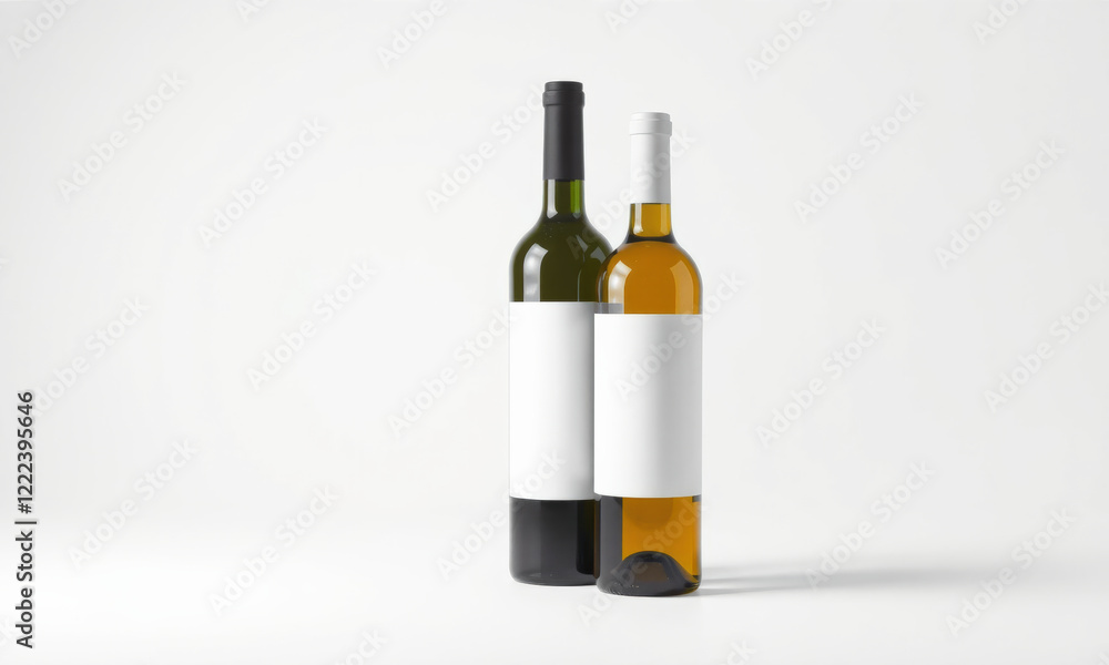 Two wine bottles with blank labels on white background, ideal for branding and mockup presentations Two wine bottles with blank labels on white background, ideal for branding and mockup presentations