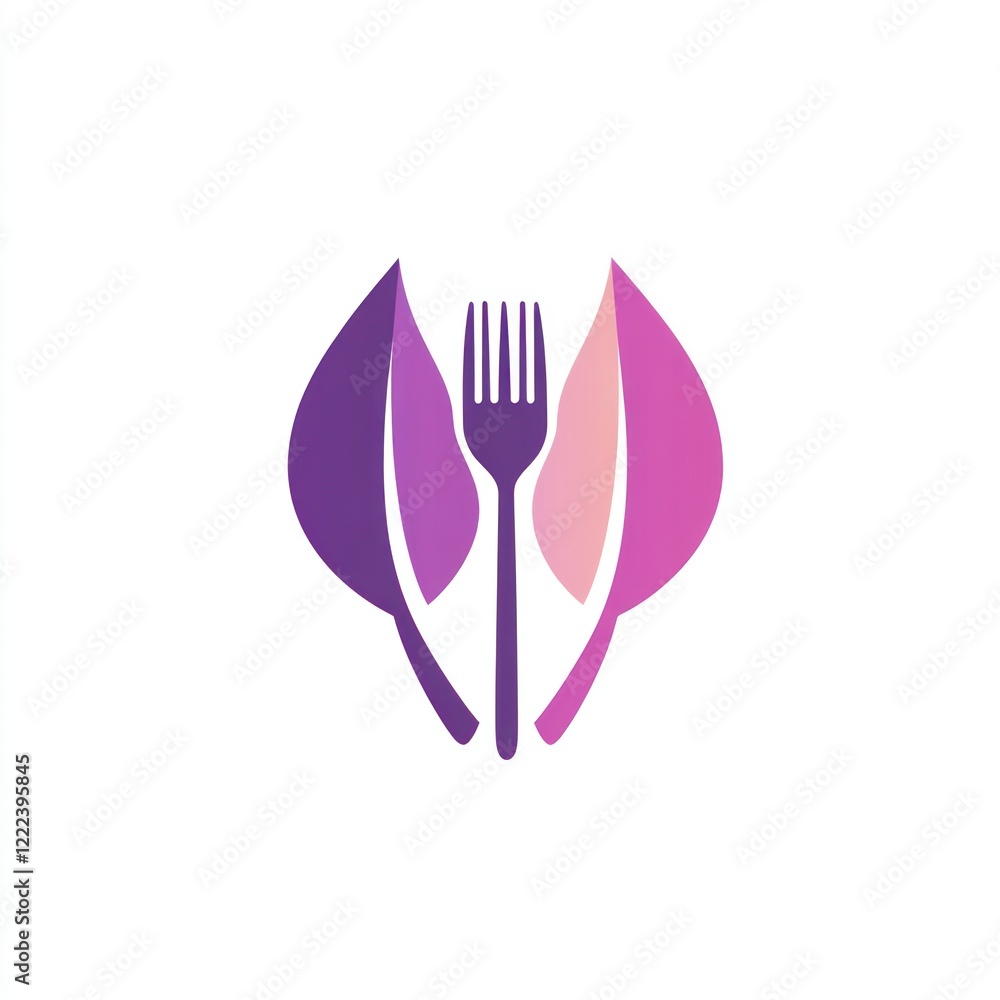 Purple leaves and a fork icon for restaurant or food service on white background Purple leaves and a fork icon for restaurant or food service on white background