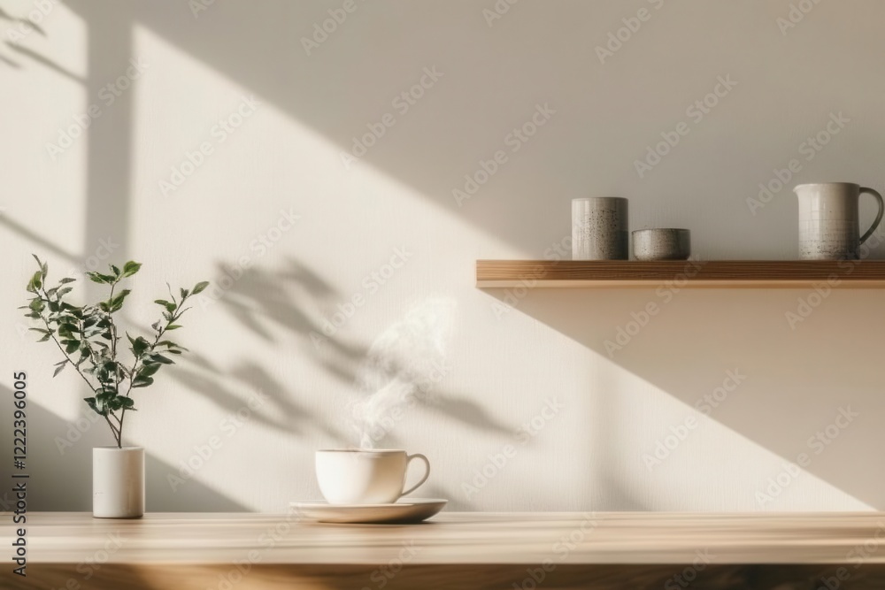 a serene scandinavian living space with white walls, floating shelves, and a minimalist oak table adorned with a steaming artisanal coffee cup, bathed in natural morning light a serene scandinavian living space with white walls, floating shelves, and a minimalist oak table adorned with a steaming artisanal coffee cup, bathed in natural morning light
