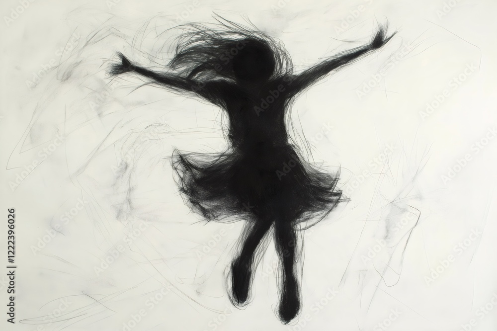 Fototapeta premium Charcoal sketch capturing the dynamic movement of a girl leaping with outstretched arms, her hair flowing freely in the wind, expressing joy and freedom