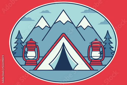 Illustration of camping tent and lantern set inside circle with mountains in the background