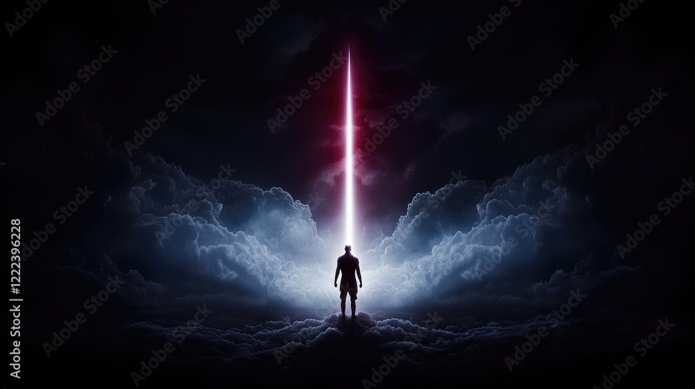 Fototapeta premium Silhouette of a man standing on clouds looking up at a powerful beam of light shooting into the dark night sky.