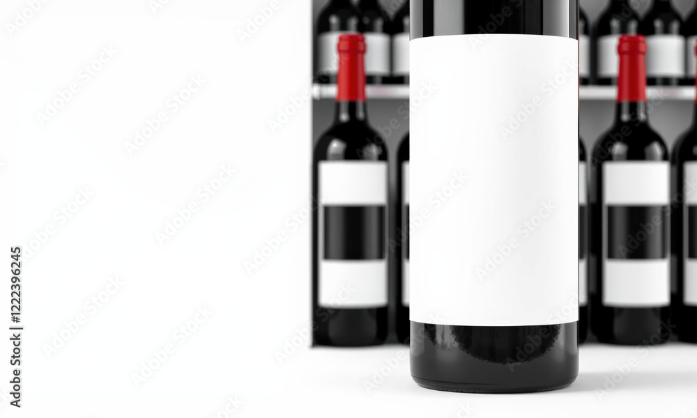 Obraz premium wine bottle mockup featuring blank label, ideal for branding and design purposes. sleek black bottle stands out against shelf of similar bottles, creating modern and elegant display