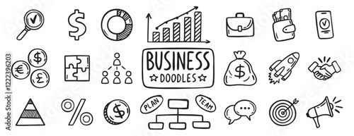 business doodle hand drawn icon set. Outline drawing business line clipart symbol collection