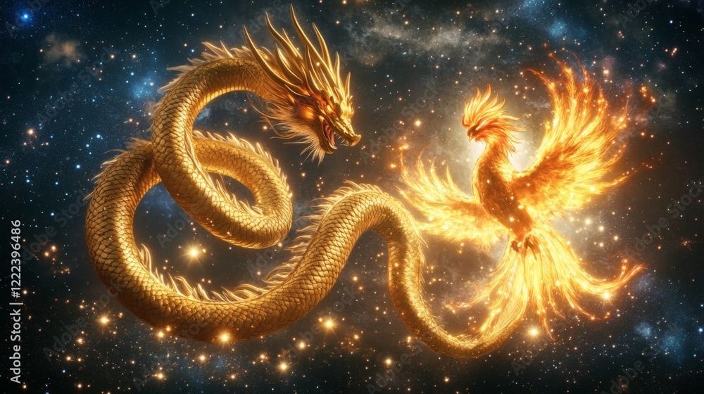Golden Dragon and Phoenix in Celestial Embrace Mythical Creatures in Cosmic Dance Golden Dragon and Phoenix in Celestial Embrace Mythical Creatures in Cosmic Dance