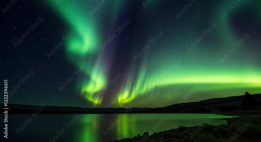 Vibrant northern lights over serene lake with starry night sky reflection Vibrant northern lights over serene lake with starry night sky reflection