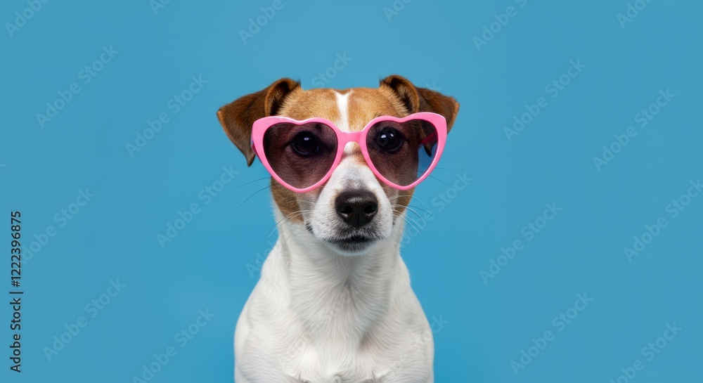 Cute dog wearing pink heart sunglasses on bright blue background Cute dog wearing pink heart sunglasses on bright blue background