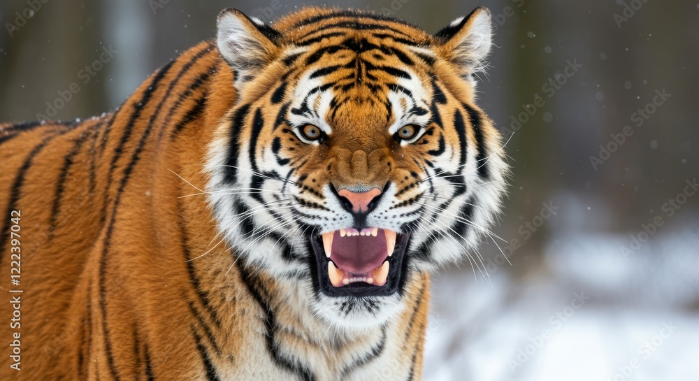 Fototapeta premium Majestic tiger roaring in winter snowy forest setting