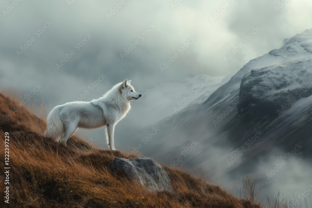 Fototapeta premium Majestic white wolf standing on a mountain slope, observing the foggy valley below, in a breathtaking display of wildlife and nature