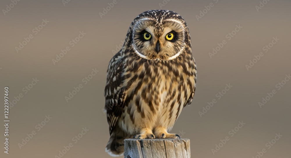 Short-eared owl perched on wooden post in natural habitat at dawn Short-eared owl perched on wooden post in natural habitat at dawn