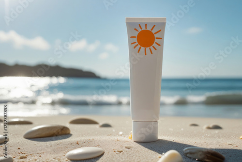 White sunscreen tube on beach on ocean sunligh tbackground. Sun protection in vacation. AI generated photo