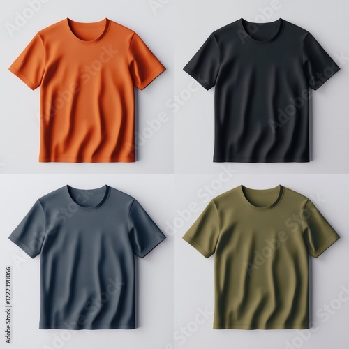 Four basic t-shirts in popular colors flat lay 2x2 on white surface. Lying casual short sleeve tee, blank template. Unfolded soft cotton tshirt. Blank unisex crewneck t-shirt mock up for designs photo