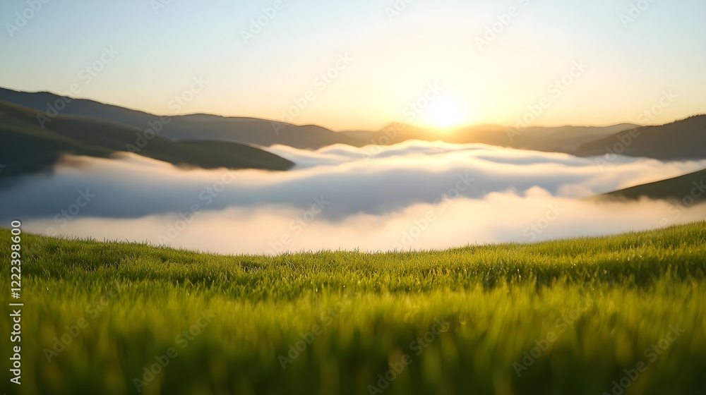 Obraz premium Tranquil Sunrise Over Foggy Hills and Lush Green Grasslands