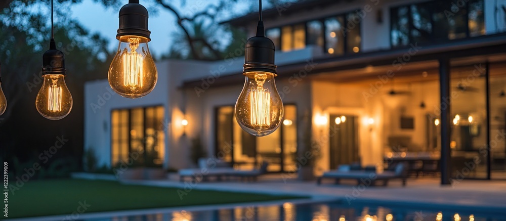 Obraz premium Evening Illumination: Backyard Oasis with Hanging Lights