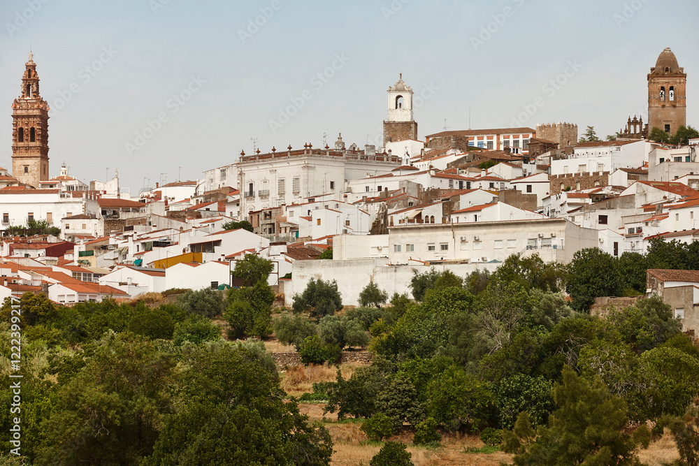Obraz premium Whitewashed houses and bell tower. Jerez Caballeros, Badajoz. Extremadura, Spain