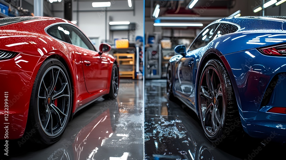 Sleek Red and Blue Sports Cars in Automotive Workshop Environment Sleek Red and Blue Sports Cars in Automotive Workshop Environment