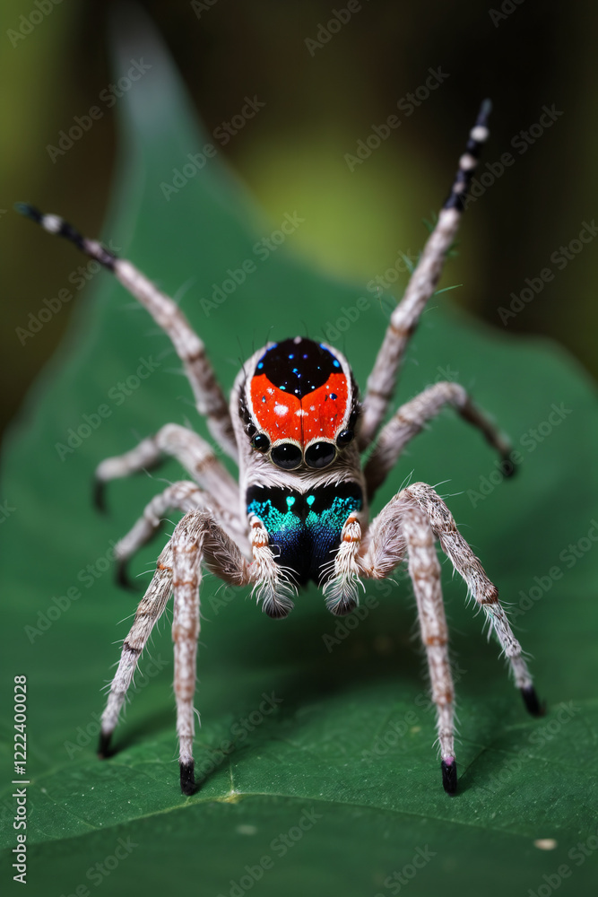 Fototapeta premium A vibrant encounter with the mesmerizing peacock spider amidst lush foliage