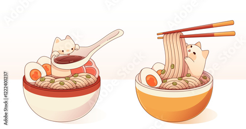 Cute kitten characters with ramen elements - tiny cat drinking from spoon, playful feline lying in bowl with noodles on chopsticks. Japanese soup bowls filled with eggs and meat in ceramic vessels.