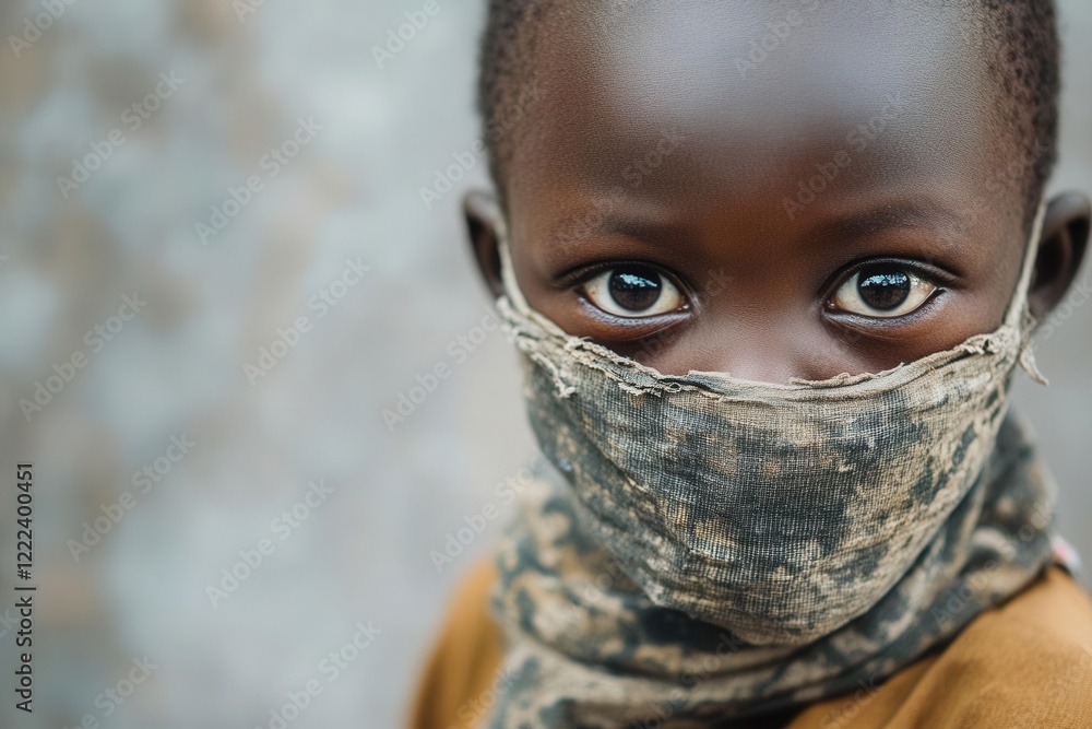 a young african child wearing tattered mask, eyes reflecting resilience amid crisis, soft natural lighting, documentary style portraiture with muted earth tones and emotional depth a young african child wearing tattered mask, eyes reflecting resilience amid crisis, soft natural lighting, documentary style portraiture with muted earth tones and emotional depth