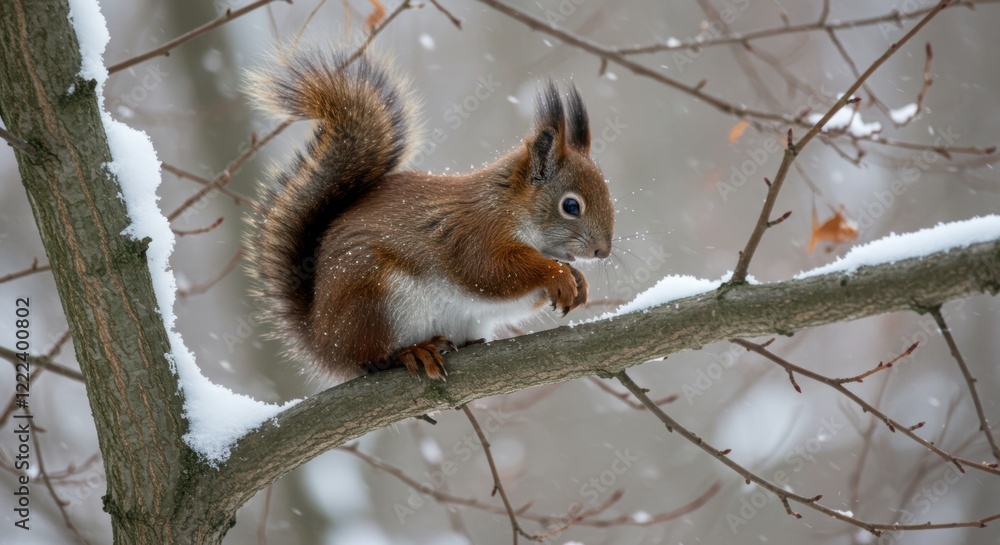 Red squirrel in winter forest: snowflakes and wildlife wonders on a snowy branch Red squirrel in winter forest: snowflakes and wildlife wonders on a snowy branch