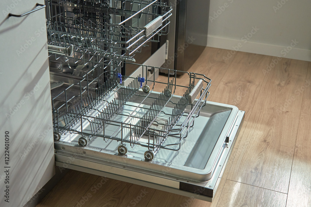Open empty dishwasher with empty racks and extended basket in modern kitchen ready for loading. Home appliance