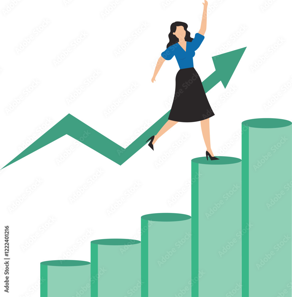 Success businesswoman step up growing bar graph stairs Success businesswoman step up growing bar graph stairs