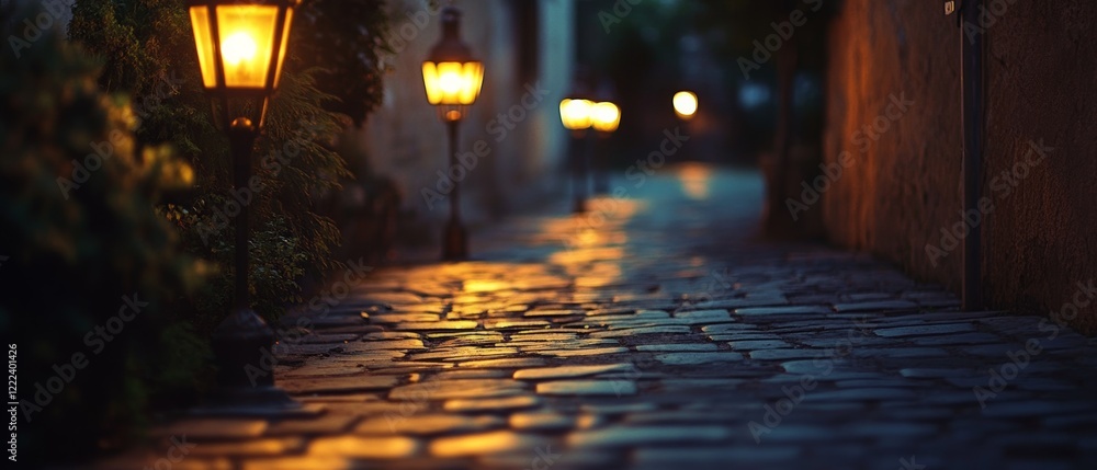 Fototapeta premium A quaint cobblestone street, warmly lit by vintage lamps, guides the way through a quiet, peaceful evening.
