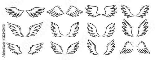 Angel wing doodle hand drawn icon set. Outline drawing angel wings line clipart symbol collection