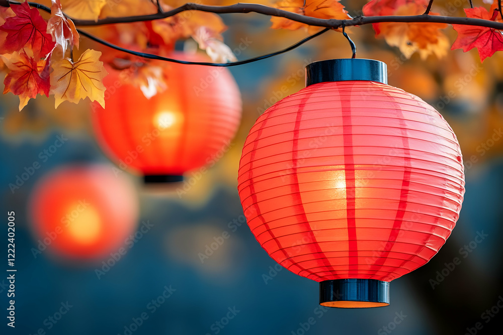 Obraz premium Autumn lanterns illuminate park at dusk