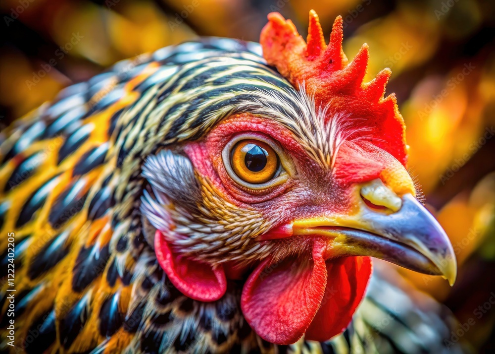 A striking close-up reveals the vibrant plumage and expressive eyes of a spotted chicken. A striking close-up reveals the vibrant plumage and expressive eyes of a spotted chicken.