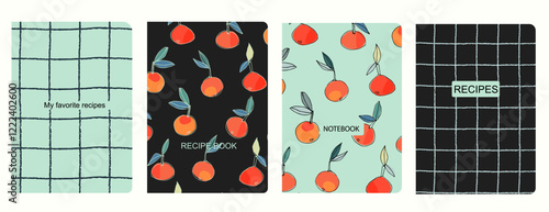 Cover page vector templates for recipe books based on seamless patterns with hand drawn apples, pears, plums. Cookery books cover layout. Healthy fruit, vegan food concept