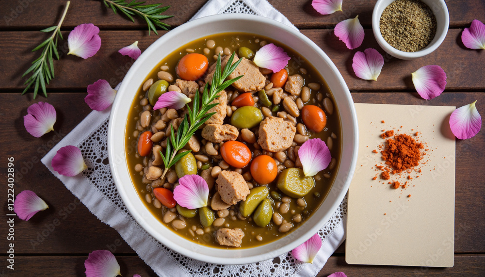 Minimalistic bowl of rustic lentil stew with vegetables and pink petals on a table, Valentine's Day setting Minimalistic bowl of rustic lentil stew with vegetables and pink petals on a table, Valentine's Day setting